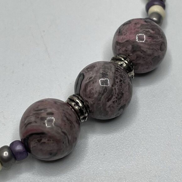 Artisan Purple Gray Jasper Gemstone Seed Bead Necklace Earrings Set Silver Tone - Picture 4 of 6
